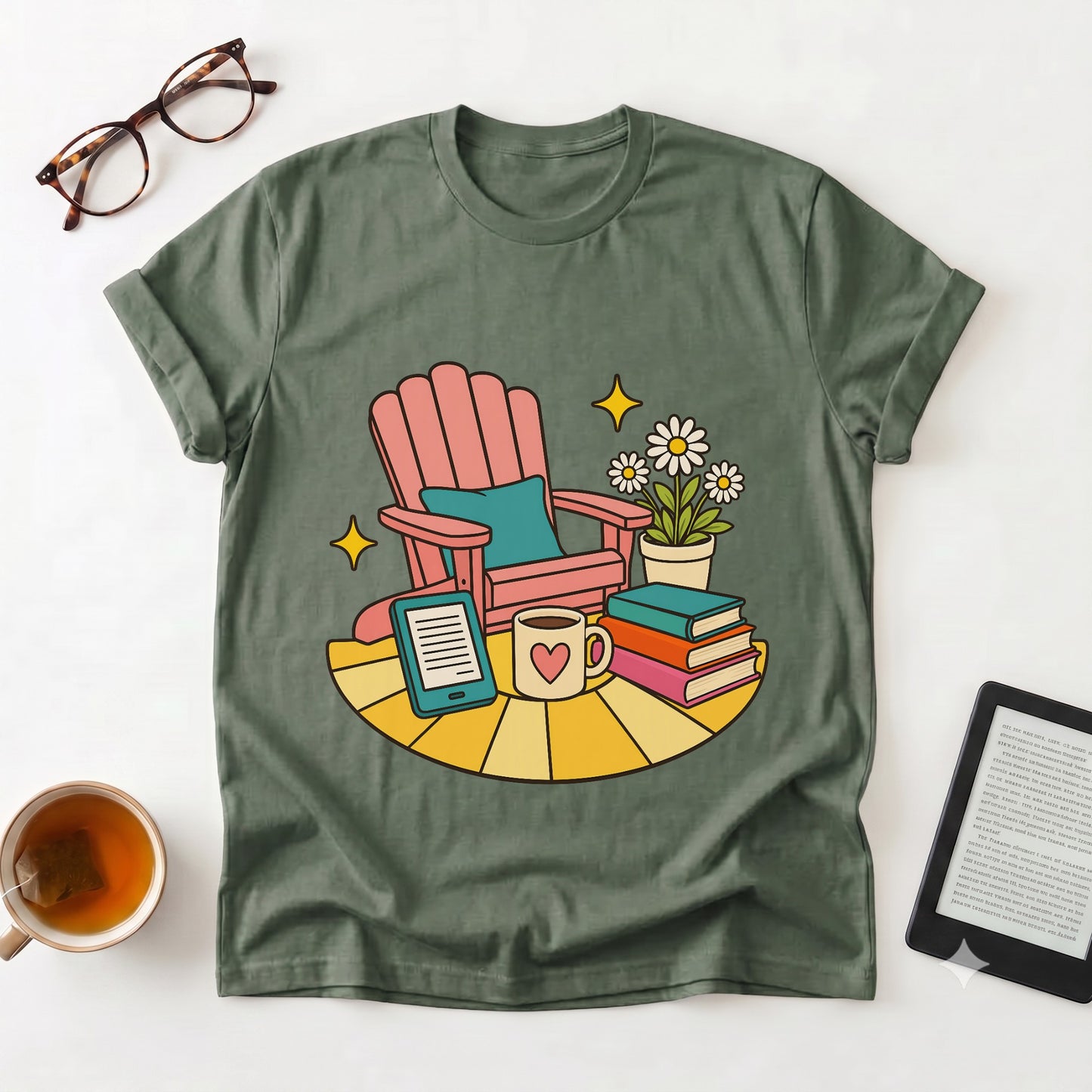Cozy Reading Nook T-Shirt — Book Lover Chair, Mug & Flowers