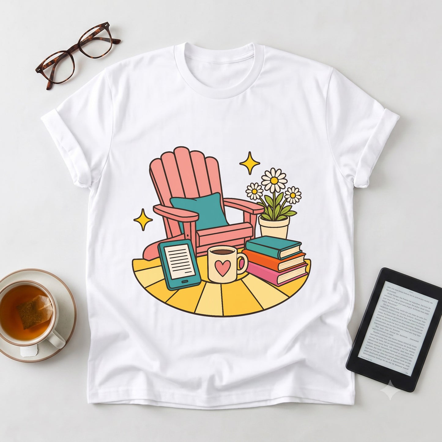 Cozy Reading Nook T-Shirt — Book Lover Chair, Mug & Flowers