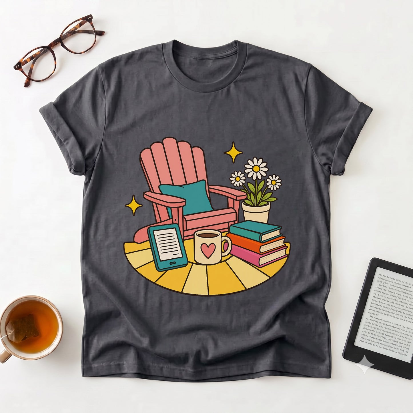 Cozy Reading Nook T-Shirt — Book Lover Chair, Mug & Flowers