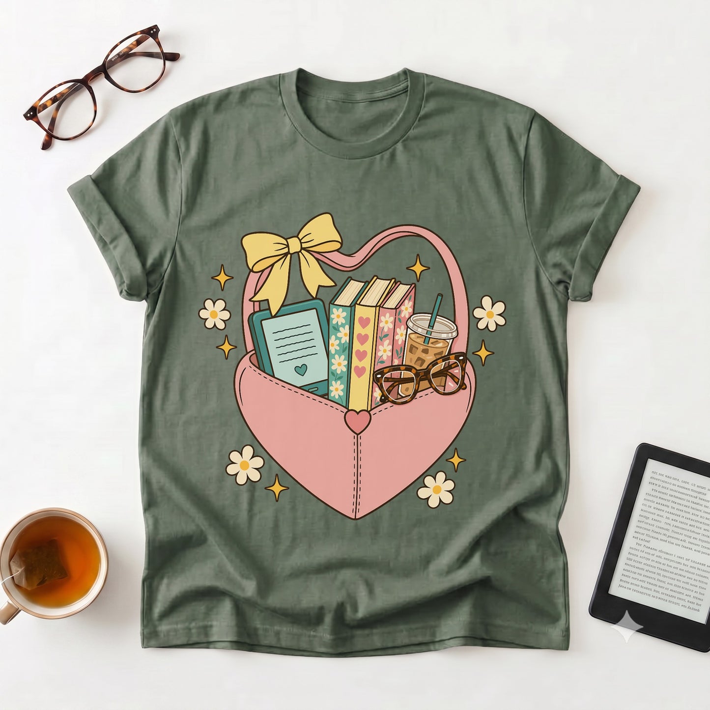 Book Lover Heart Basket T‑Shirt