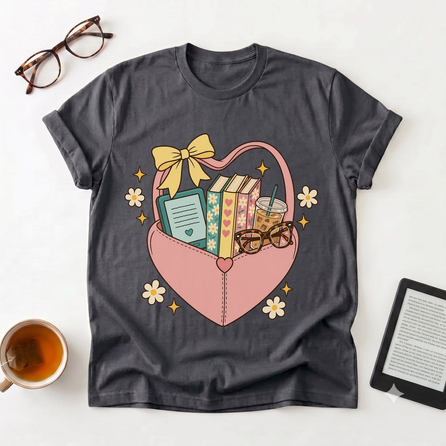 Book Lover Heart Basket T‑Shirt