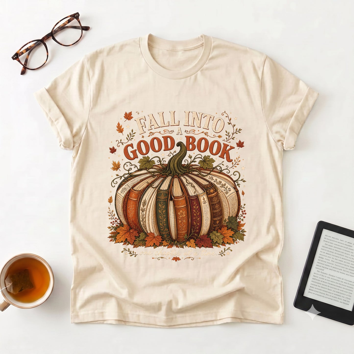 Fall Into a Good Book T-Shirt | Pumpkin Book Stack Tee, Autumn Reading