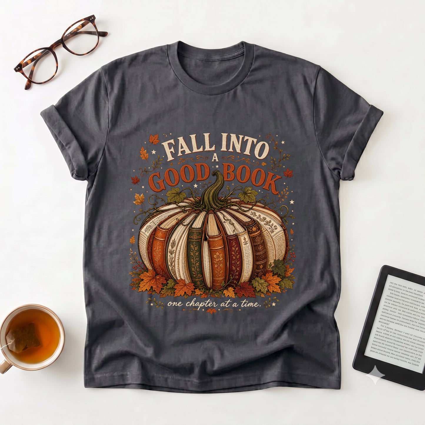 Fall Into a Good Book T-Shirt | Pumpkin Book Stack Tee, Autumn Reading