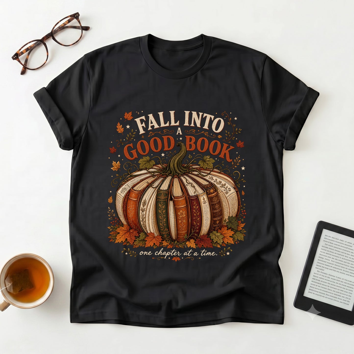 Fall Into a Good Book T-Shirt | Pumpkin Book Stack Tee, Autumn Reading