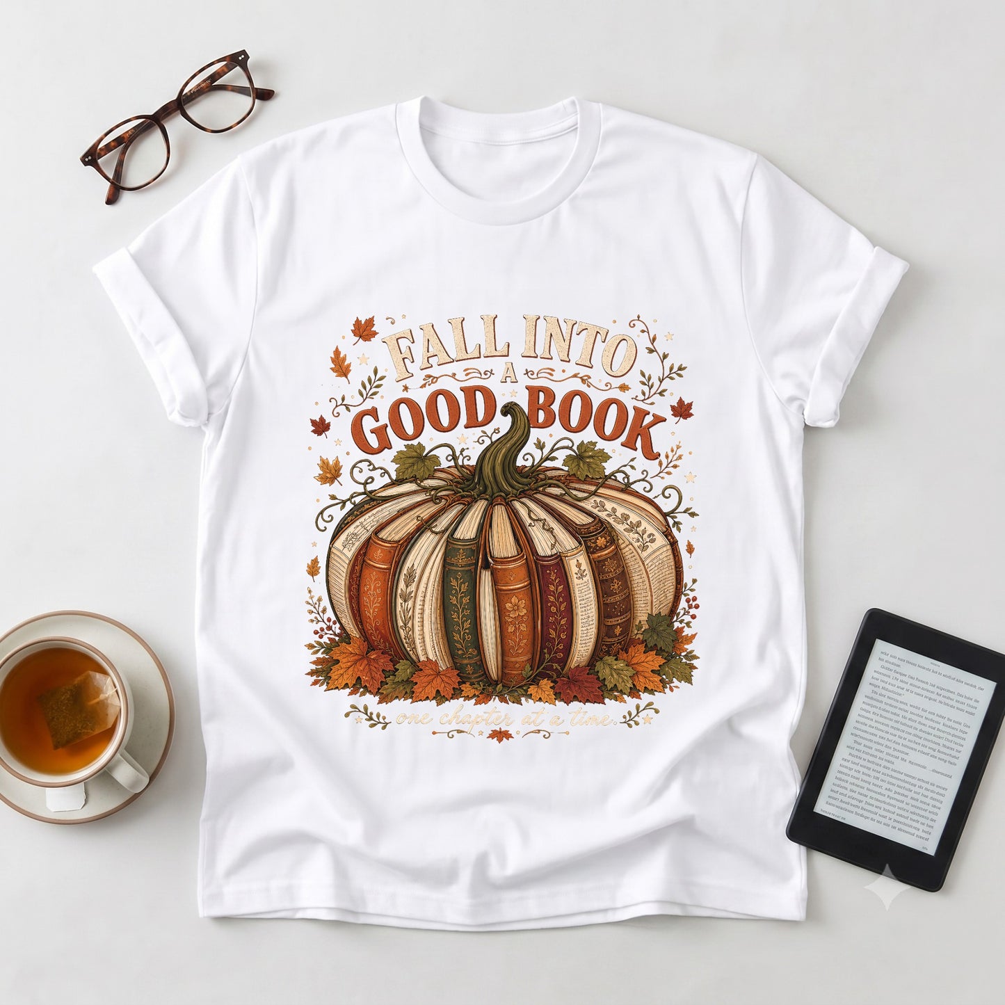 Fall Into a Good Book T-Shirt | Pumpkin Book Stack Tee, Autumn Reading