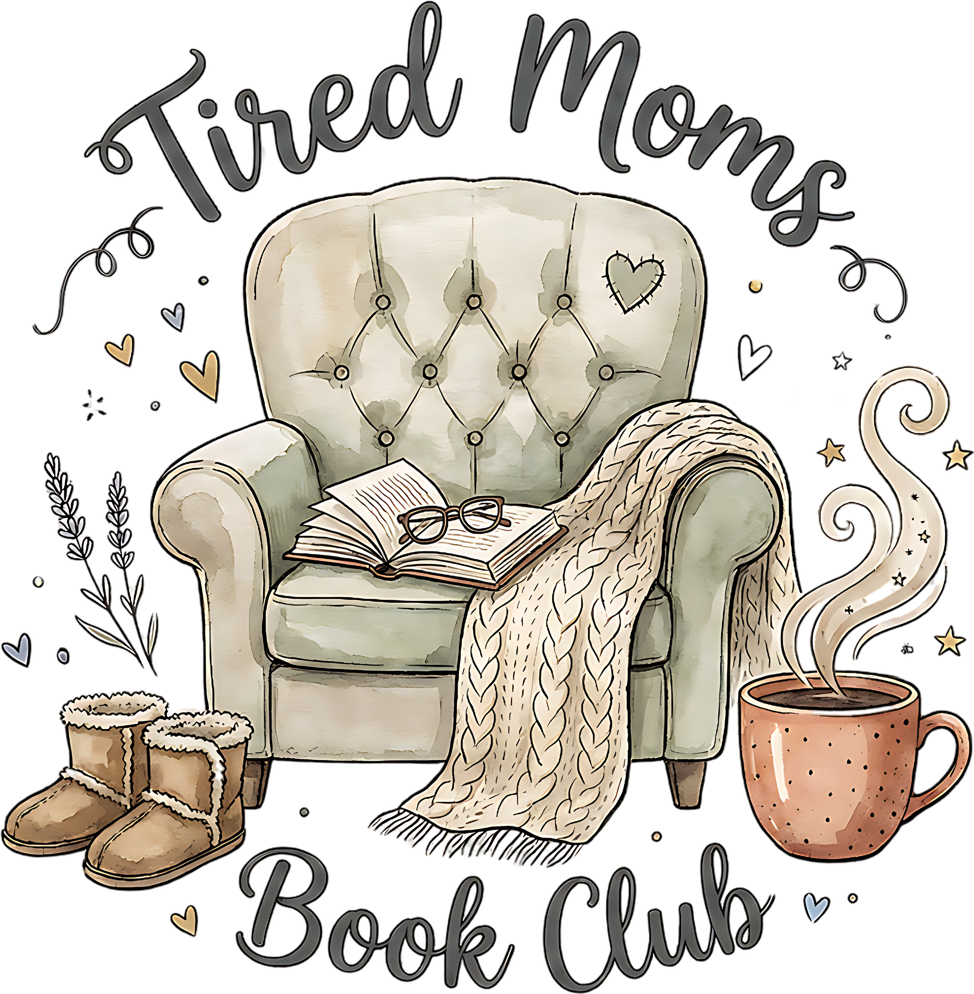 Cozy sage reading chair with knit blanket, boots and coffee, Tired Moms Book Club watercolor design