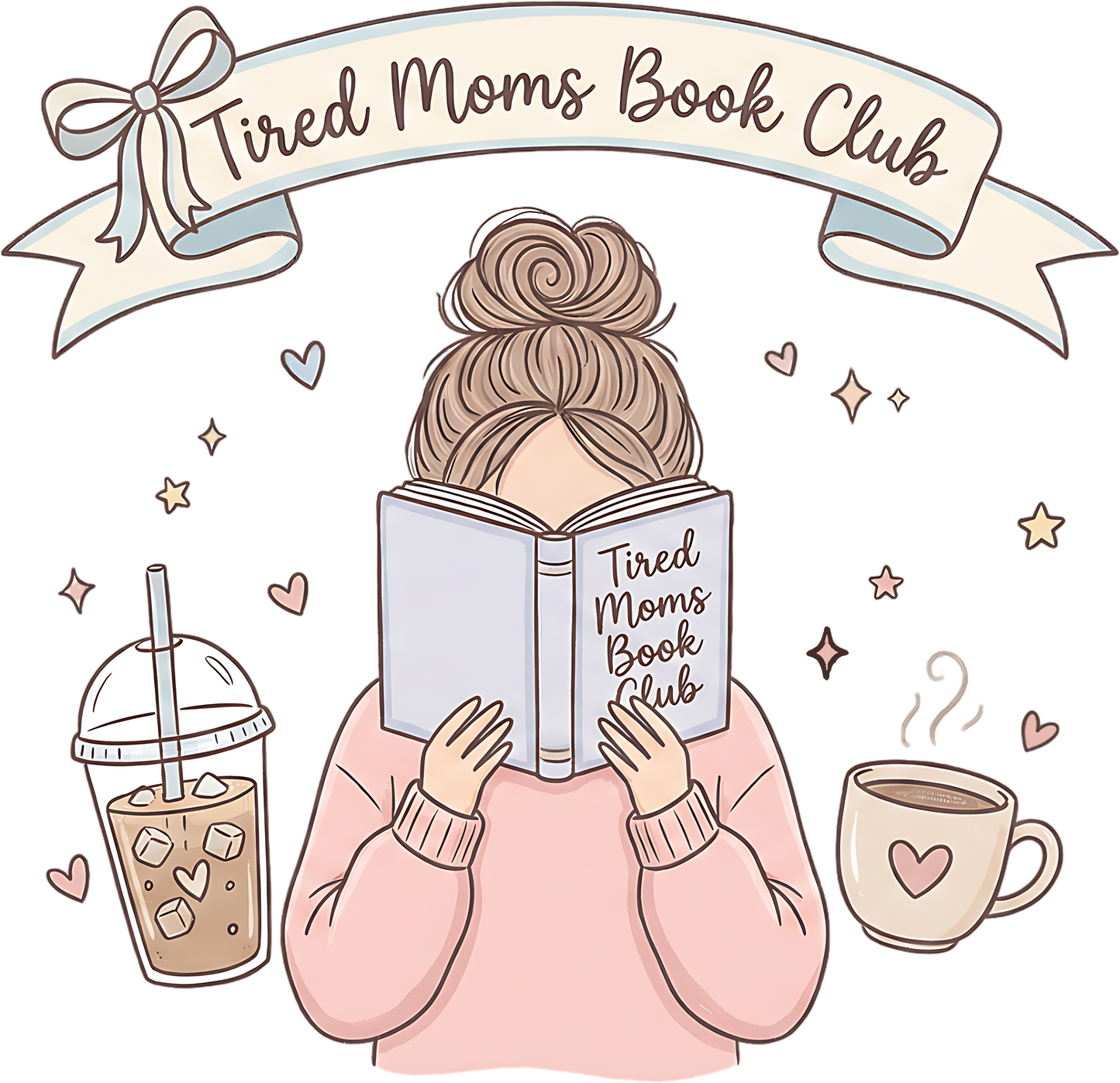 Messy bun mom reading behind book with iced coffee and ribbon banner, Tired Moms Book Club coquette design